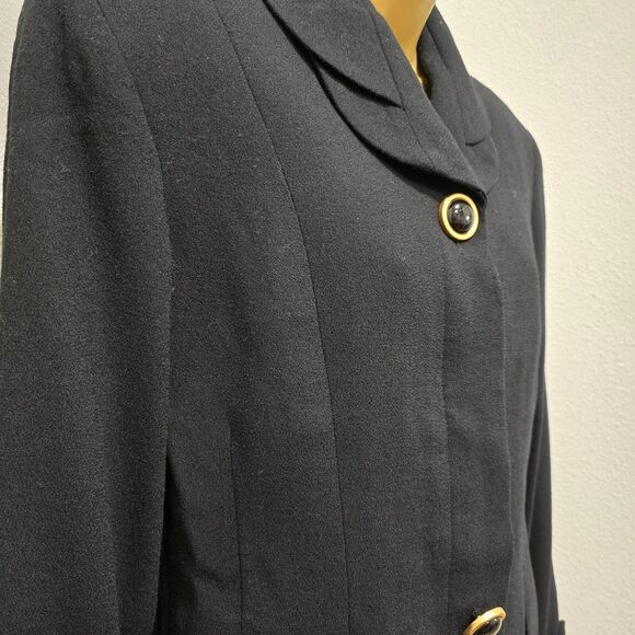 Vtg Wool Blazer Womens 8 Black Career Petal Collar Flip Cuff Office Albert Nipon - Picture 1 of 10